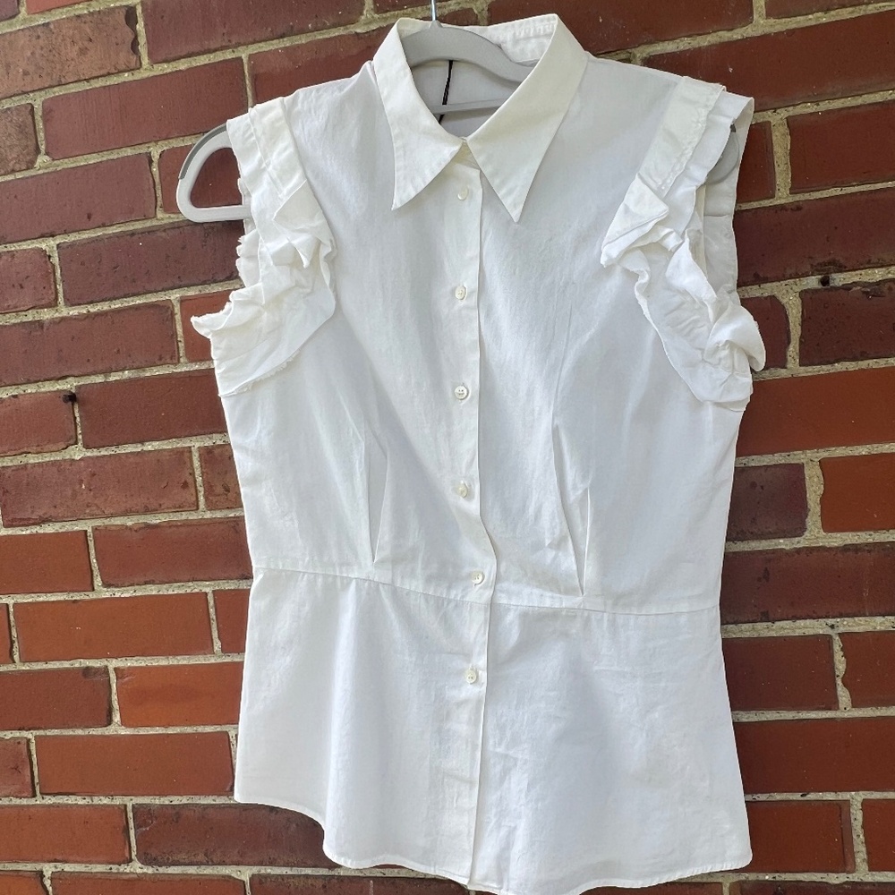 Crisp white Miu Miu sleeveless button-dow blouse, ruffled sleeves, new with tags